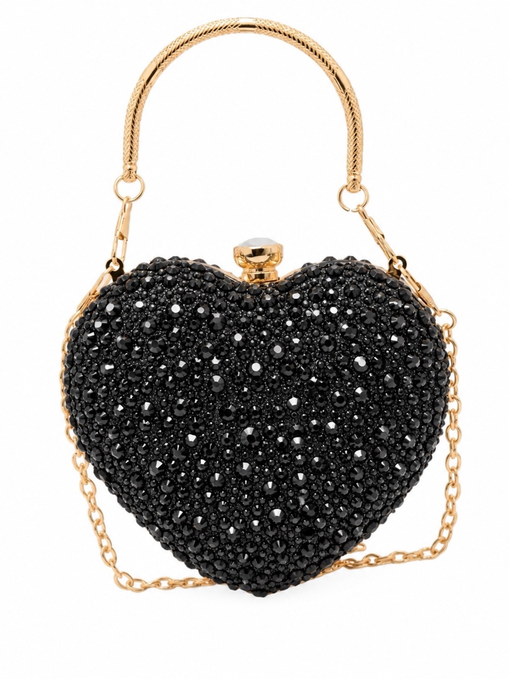 Black Crystal Heart Clutch Purse Gold Handle Formal Evening Bag Womens NEW - Picture 8 of 13